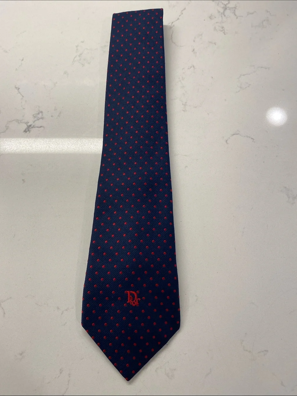 Vintage Christian Dior Navy with Red Dots Polyester/Silk Tie w/Dior Logo Tip ✨